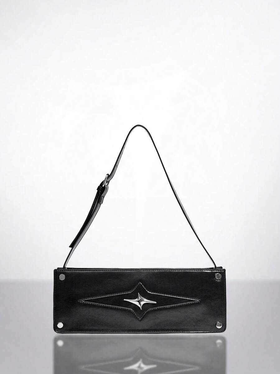 SHEIN ICON Túi đeo vai phong cách Punk dành cho nữ có dây đeo có thể điều chỉnh, khóa kéo và chất liệu da PU, màu đen đơn giản - màu đen - Xem 1