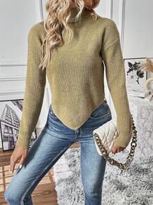 SHEIN LUNE 高领落肩不对称下摆针织套头衫秋冬毛衣 - 駝色 - 查看 1