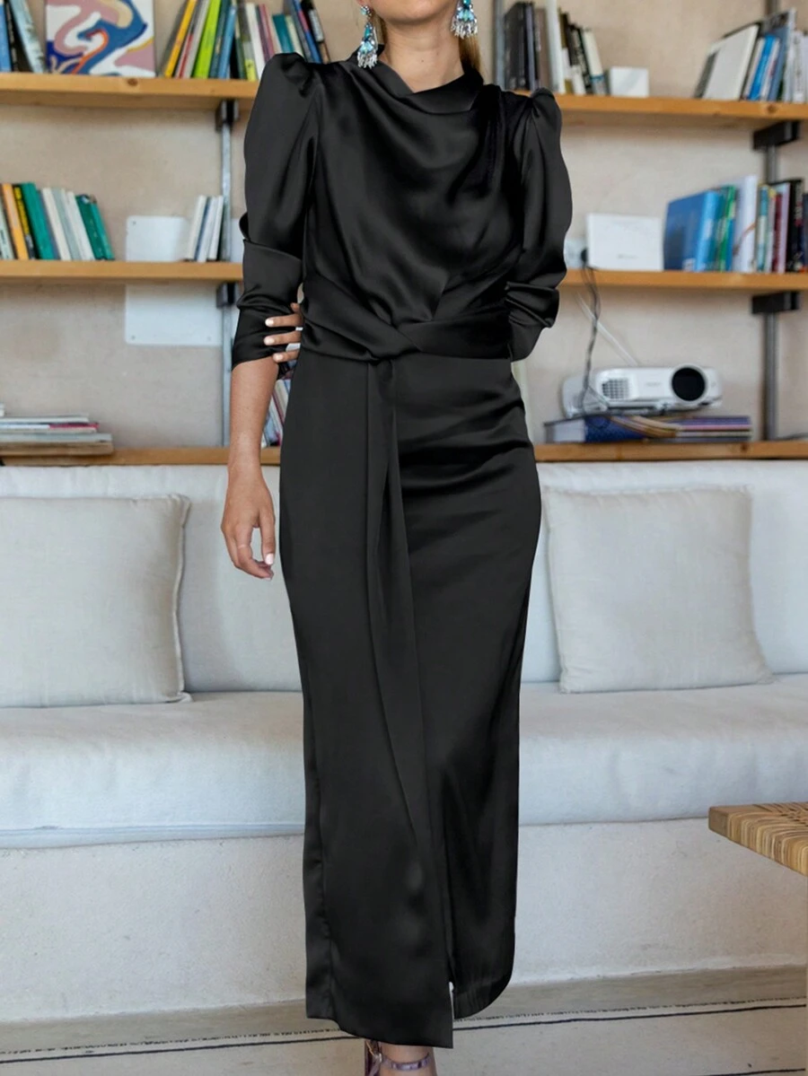 Draped Collar Puff Sleeve Draped Front Satin Dress - Black - View 1