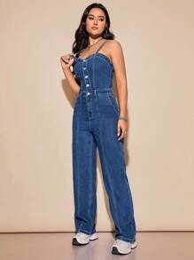 SHEIN Privé 前紐扣斜口袋牛仔吊帶連體褲 - 深色水洗藍 - 查看 5