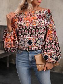 SHEIN Clasi Allover Print Off Shoulder Lantern Sleeve Blouse - Black - View 6