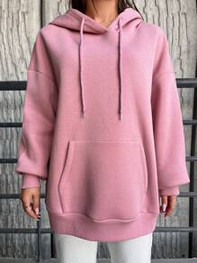 RueChic Heart Print Drop Shoulder Drawstring Hoodie - Pink - View 4