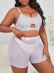Plus Cut Out Front Bra & Boyshorts Lingerie Set - Lilac Purple - View 3