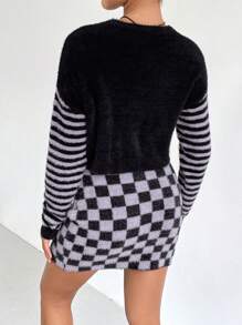 Chiquease Letter Pattern Drop Shoulder Sweater & Checker Pattern Knit Skirt Fall Cloth For Women - Black - View 2