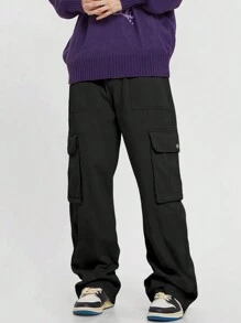 Chillumni Men's Casual Solid Color Cargo Pants With Flap Pockets And Side Pockets, For Fall - Black - View 3