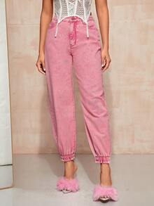 SHEIN BAE 高腰束腳牛仔褲 - 粉色 - 查看 6