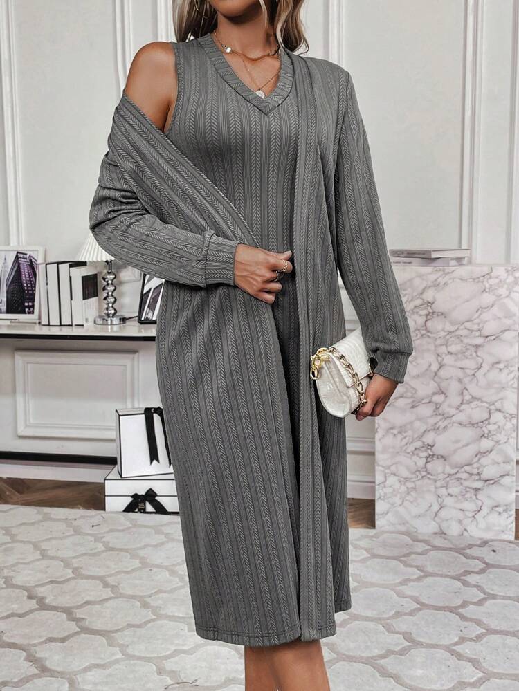 Solid Tank Dress & Open Front Coat Fall Cloth For Women