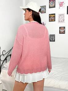 SHEIN Qutie 大碼拼接邊落肩袖口袋貼布開襟衫 - 粉色 - 查看 2