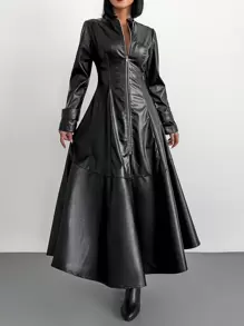 EURMUSE Zip Up Ruffle Hem PU Leather Coat - Black - View 5