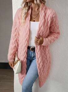 Calvaya Cable Knit Drop Shoulder Duster Cardigan,Long Sleeve Tops Fall Winter Cloth For Women - Pink - View 3