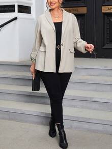 SHEIN Clasi 大碼青果領捲邊袖開門襟西裝外套 - 卡其色 - 查看 5