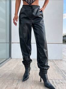 RueChic Solid Slant Pocket Leather Look Jogger Jeans - Black - View 1