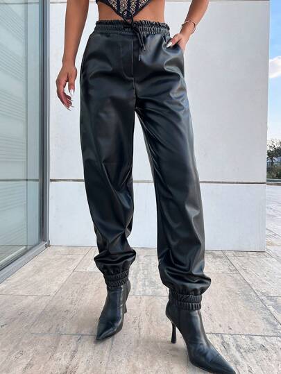 RueChic Solid Slant Pocket Leather Look Jogger Jeans