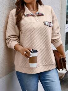 Calvaya Talla grande Sudadera con estampado de cuadros de cuello polo - Albaricoque - Ver 5