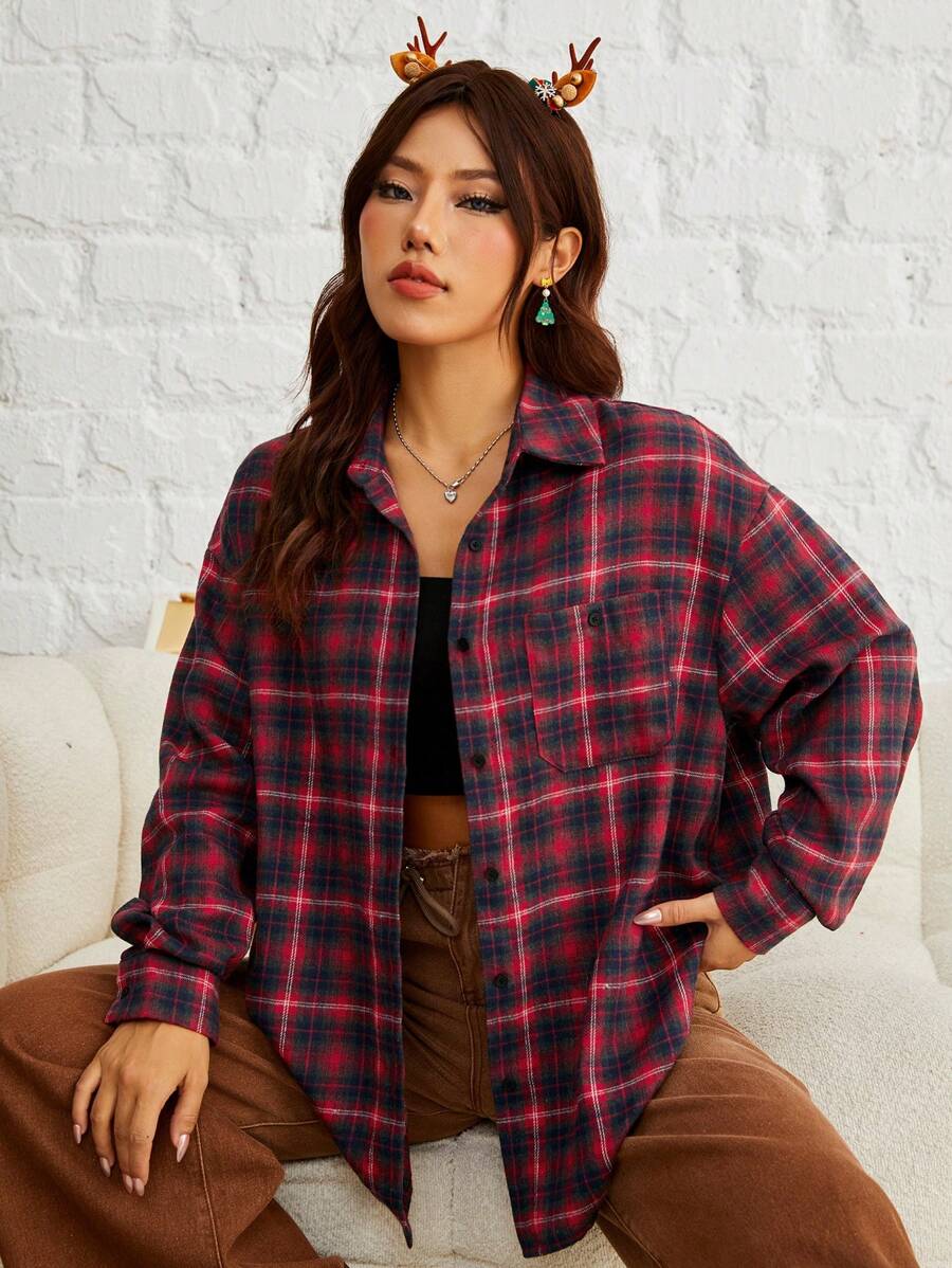SHEIN EZwear Plaid Print Drop Shoulder Shirt - Red - View 1