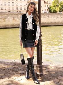 SHEIN Frenchy Button Front Fuzzy Vest Coat Winter Black Casual - Black - View 4