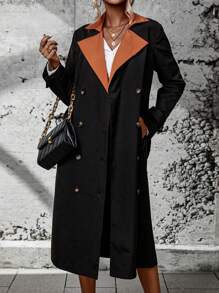 Chiquease Panel Tương phản Đôi ngực Thắt lưng Áo khoác Trench - màu đen - Xem 4