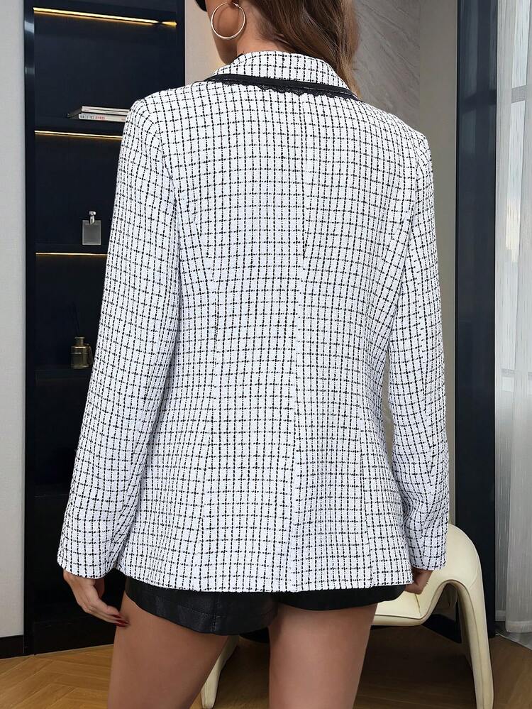 Plaid Pattern Contrast Trim Lapel Neck Tweed Overcoat Fall Cloth For Women