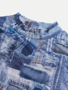 Chica adolescente Vestido con estampado de retazo de cuello alto fruncido de malla - Azul - Ver 4