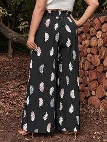 SHEIN VCAY Plus Feather Print Tie Front Wide Leg Pants - Multicolor - View 4