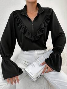 EURMUSE Ruffle Trim Flounce Sleeve Half Zip Sweatshirt - Black - View 1