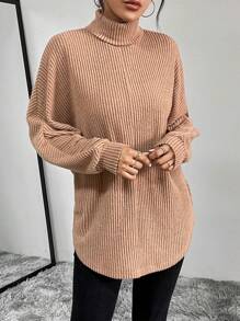 SHEIN Essnce Áo thun nữ tay cánh dơi dệt kim mùa xuân và mùa thu màu trơn thường ngày - Màu be - Xem 3