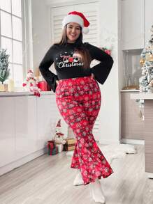 SHEIN Essnce Plus Christmas Print Flare Sleeve Tee & Pants - Multicolor - View 6