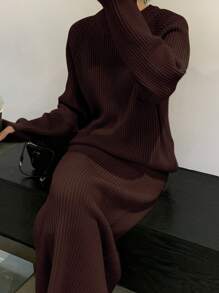 DAZY 2 件纯色针织毛衣和迷你裙套装，秋冬商务休闲风格