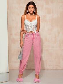 SHEIN BAE 高腰束腳牛仔褲 - 粉色 - 查看 1