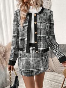 SHEIN Frenchy 千鳥格印花拼接邊夾克&半身裙 - 彩色 - 查看 6