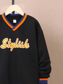 SHEIN 男大童字母圖案拼接邊落肩袖運動衫 - 黑色 - 查看 4