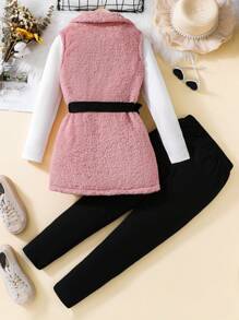 SHEIN Vintaside Kids Tween Girl Solid Tee & Leggings & Tee - Pink - View 2