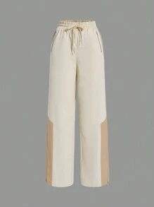 SHEINNeu 拼接側邊接縫腰部抽繩直筒褲 - 卡其色 - 查看 1