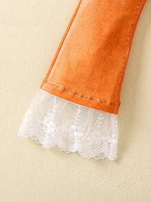 SHEIN 女小童牛仔效果拼接蕾絲下擺喇叭褲 - 彩色 - 查看 4