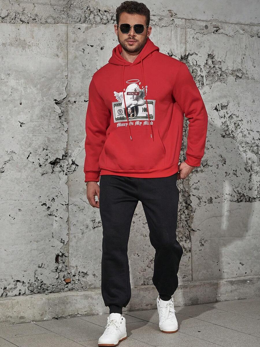 Manfinity LEGND Men Plus Angel & Letter Graphic Drawstring Hoodie - Red - View 1