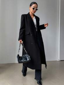 DAZY Lapel Neck Double Breasted Belted Longline Coat - Black - View 2