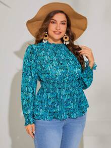 SHEIN VCAY Hơn In Toàn bộ tay áo lá sen Áo sơ mi Peplum - Nhiều màu - Xem 3