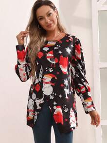 CheersLife Camiseta con estampado de Navidad bajo con abertura - Blanco y Negro - Ver 5