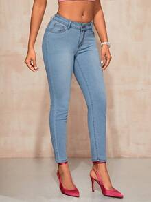 SHEIN BAE Slant Pocket Skinny Jeans - Blue - View 5
