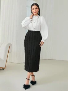 Modelyn Solid Fuzzy Straight Skirt - Black - View 4