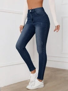 SHEIN Essnce High Waist Skinny Jeans - Medium Wash - View 2