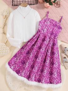 SHEIN Cô gái Tween Kim sa Hiệu ứng Váy Dây & Áo thun - Màu Hồng Tươi - Xem 6