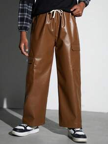 SHEIN Tween Boy Flap Pocket Side Drawstring Waist Cargo PU Leather Pants - Brown - View 3