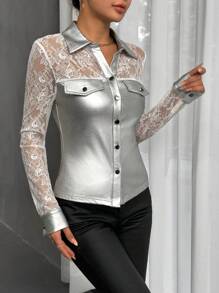 SHEIN Privé 蕾絲拼接翻蓋細節皮革外觀上衣 - 銀色 - 查看 3