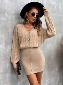 LanaWest 麻花編織落肩袖紐扣細節毛衣洋裝