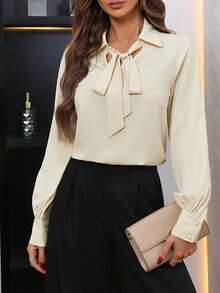 SHEIN Privé Áo sơ mi tay áo có cổ buộc dây - Màu be - Xem 5