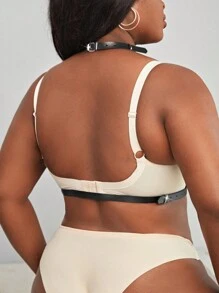 Plus Ring Linked PU Leather Harness Bra Without Liner - Black - View 2