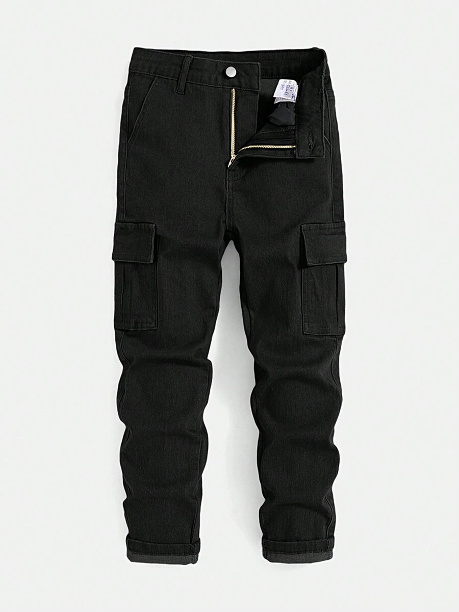 SHEIN Jeans de mezclilla con bolsillos con botones para niño preadolescente, uso versátil y casual para primavera y otoño