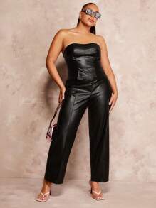 SHEIN BAE Plus Crocodile Embossed PU Leather Pants - Black - View 1