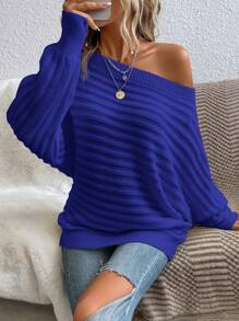 EMERY ROSE Suéter de cuello de barco, manga de murciélago, manga larga - Azul - Ver 3